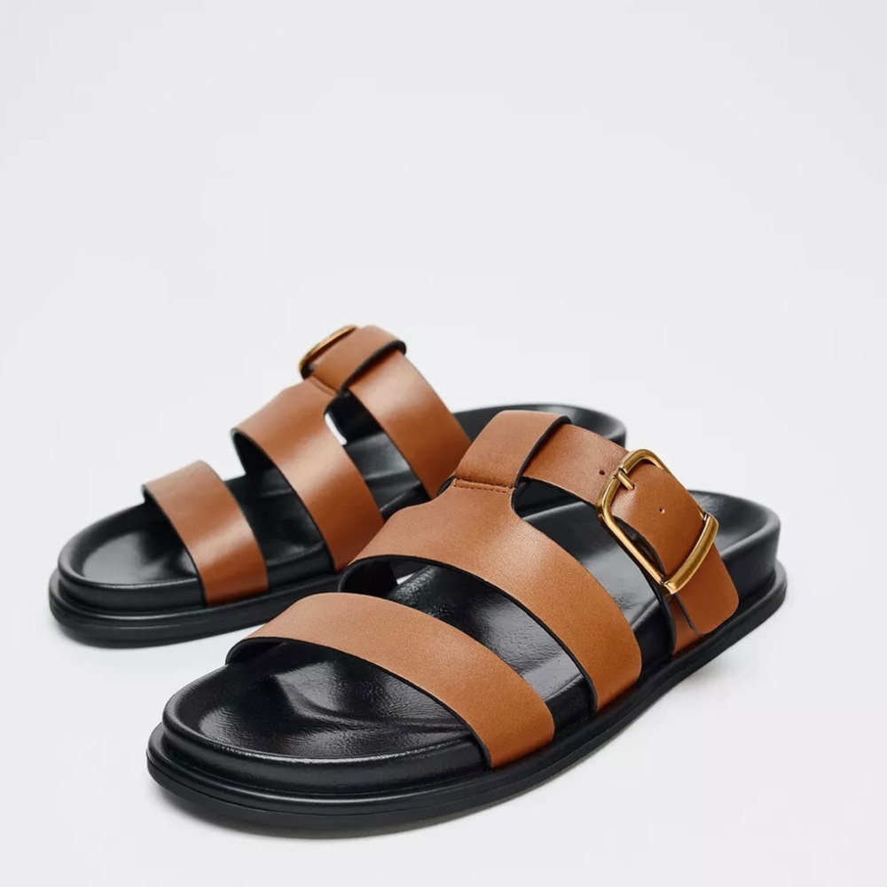 Zara Flat Leather Buckle Sandals